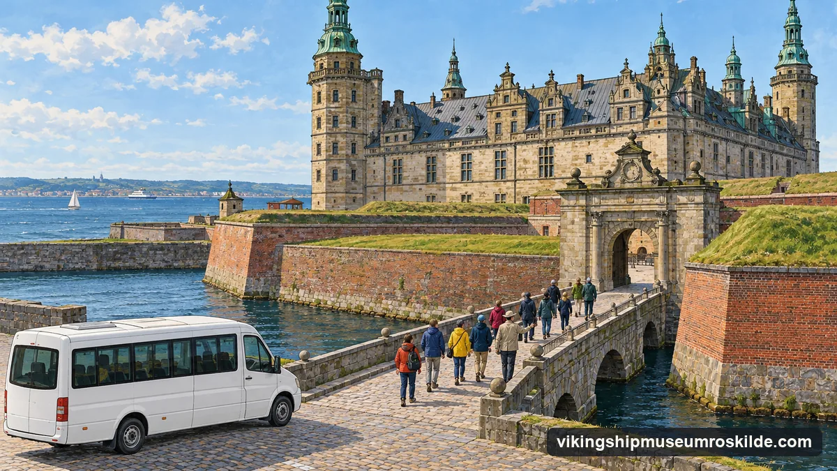 Illustration: a small tour group with a guide crossing a stone bridge over a moat towards a sandstone Renaissance fortress with green copper towers on the sea, a white minibus parked on the forecourt