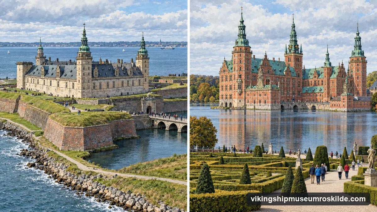 Illustration: on the left a sandstone fortress with copper towers and ramparts by the sea, on the right a red-brick Renaissance palace with copper spires reflected in a lake behind a clipped Baroque garden